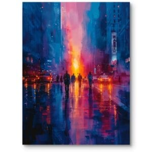 Plakat do nowoczesnego salonu miasto nocą Nowy Jork abstrakcja niebieski pomarańczowy