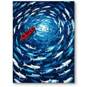 Plakat do nowoczesnego salonu morze i marynistyczne żaglówka i ryby pop art niebiesko-biały