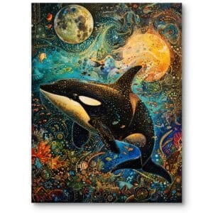 Plakat do nowoczesnego salonu zwierzęta orka surrealizm galaktyka niebiesko-pomarańczowy