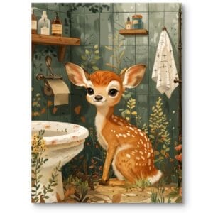 Plakat do pokoju dziecięcego łazienki jeleń w łazience realistyczna ilustracja zielono-brązowy