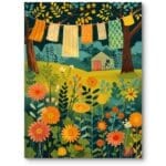 Plakat do pokoju dziecięcego natura wiejska sceneria kwiaty ilustracyjny zielono-żółty