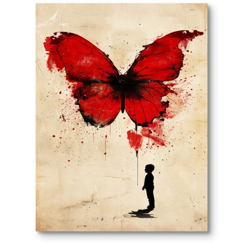 Plakat do pokoju dziecięcego surrealistyczny czerwony motyl i dziecko czarno-beżowy