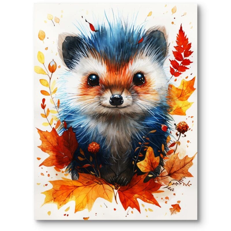 Plakat do pokoju dziecięcego zwierzęta jeżyk jesień skandynawski styl niebiesko-pomarańczowy