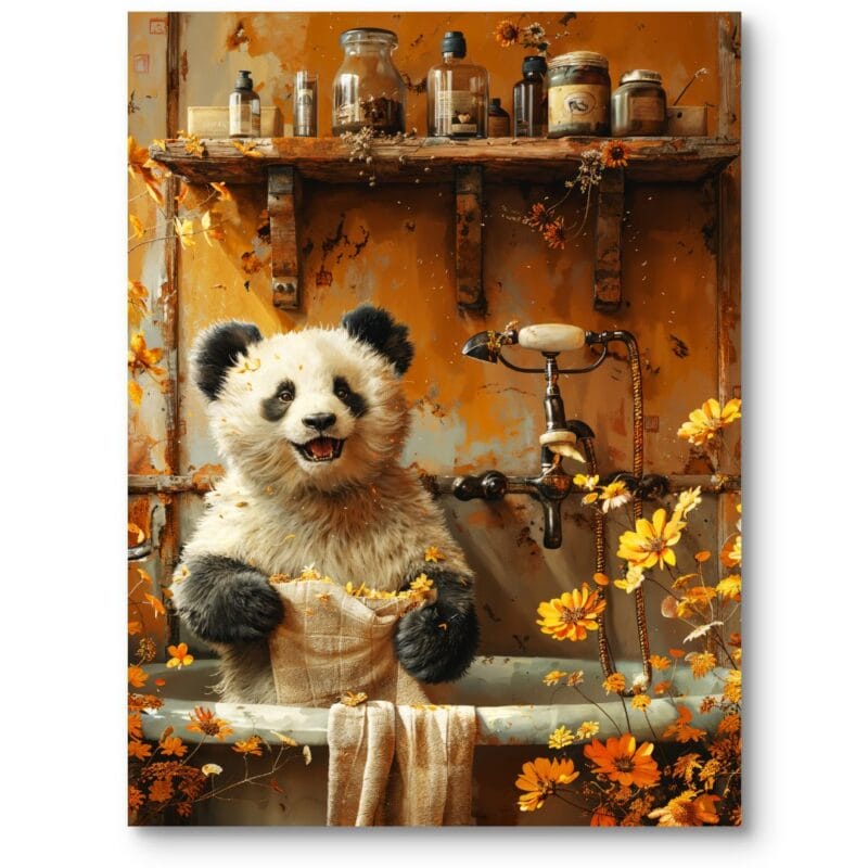 Plakat do pokoju dziecięcego zwierzęta panda surrealizm pomarańczowo-biały Plakat do pokoju dziecięcego zwierzęta panda surrealizm pomarańczowo-biały