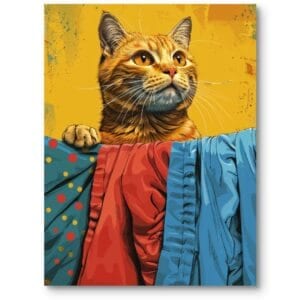 Plakat do pokoju dziecka kot na żółtym tle pop-art pomarańczowo-niebieski do nowoczesnego wnętrza