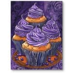 Plakat do pokoju dziecka nowoczesny jedzenie desery ciastka i babeczki fioletowo-pomarańczowy