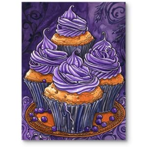 Plakat do pokoju dziecka nowoczesny jedzenie desery ciastka i babeczki fioletowo-pomarańczowy