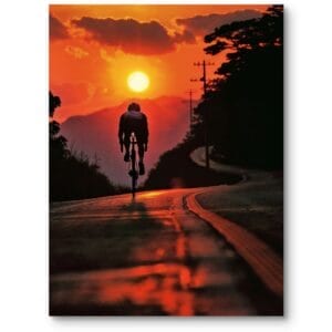 Plakat do pokoju nastolatka kolarstwo zachód słońca w górach nowoczesny czerwono-pomarańczowy