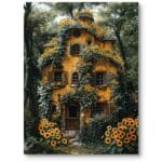 Plakat do rustykalnego salonu dom z winoroślą słonecznikami w kolorze żółto-zielonym