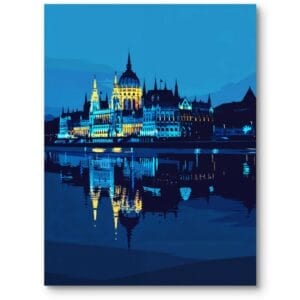 Plakat do salonu architektura budynki znane budowle abstrakcja niebiesko-żółty