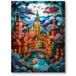 Plakat do salonu architektura i budowle miasta i miasteczka fantastyczne krajobrazy czerwona niebieska