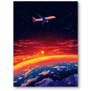 Plakat do salonu architektura i budowle samoloty podróż zachód słońca abstrakcyjny pomarańczowo-granatowy