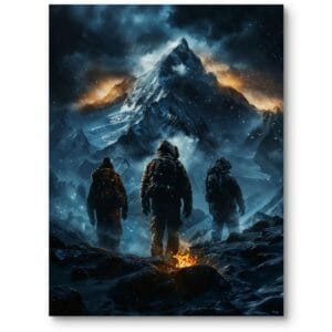 Plakat do salonu biura góry wspinaczka realizm niebiesko-pomarańczowy