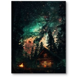 Plakat do salonu boho krajobraz nocny z domem i gwiazdami mieszana kolorystyka