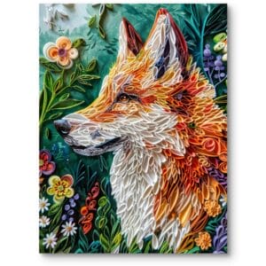 Plakat do salonu boho zwierzęta wilk z kwiatami pomarańczowo-zielony