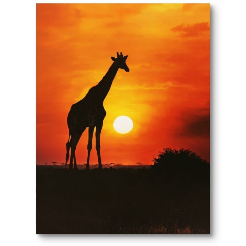 Plakat do salonu boho żyrafa na tle zachodu słońca pomarańczowo-żółty Plakat do salonu boho żyrafa na tle zachodu słońca pomarańczowo-żółty