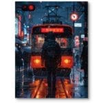 Plakat do salonu cyberpunk miejski nocny tramwaj w deszczu głęboko-niebieski czerwony Plakat do salonu cyberpunk miejski nocny tramwaj w deszczu głęboko-niebieski czerwony