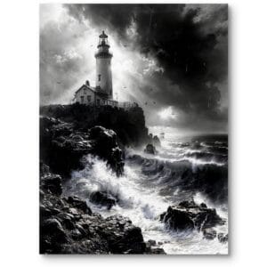 Plakat do salonu do biura krajobrazy pejzaże i widoki morze wybrzeże latarnia morska burza styl realistyczny czarno-biały