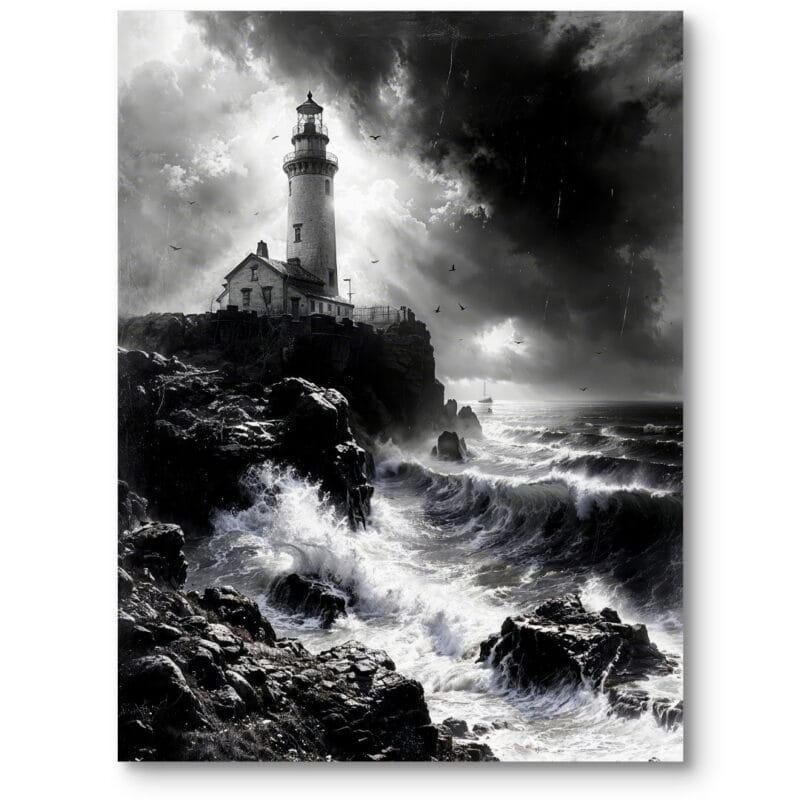 Plakat do salonu do biura krajobrazy pejzaże i widoki morze wybrzeże latarnia morska burza styl realistyczny czarno-biały Plakat do salonu do biura krajobrazy pejzaże i widoki morze wybrzeże latarnia morska burza styl realistyczny czarno-biały