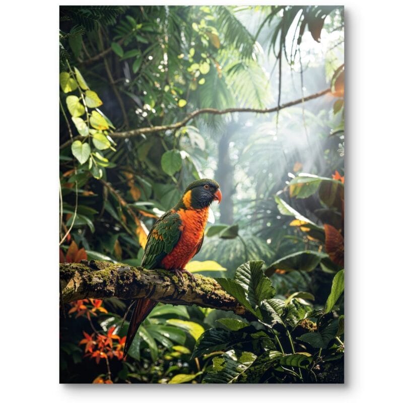 Plakat do salonu dżungla papuga zielono-pomarańczowa Plakat do salonu dżungla papuga zielono-pomarańczowa