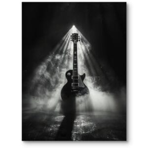 Plakat do salonu gitara w świetle muzyka czarno-biały industrialny