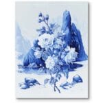 Plakat do salonu górski krajobraz z peoniami w stylu tradycyjnym chińskim niebiesko-biały
