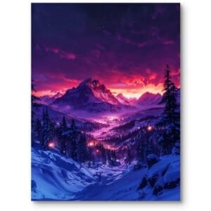 Plakat do salonu góry las zimowy zachód słońca realistyczny fioletowo-różowo-niebieski