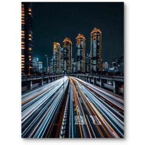 Plakat do salonu industrialnego architektura miasto noc czarno-pomarańczowy