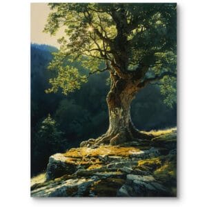 Plakat do salonu klasyczny las drzewo realistyczny zielono-żółty