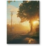 Plakat do salonu klasyczny miejski zachód słońca drzewo pomarańczowo-zielony