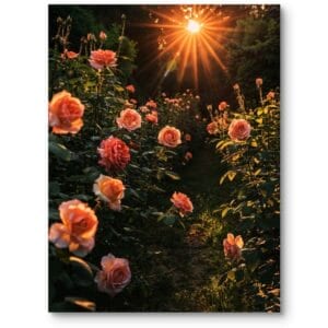 Plakat do salonu klasyczny ogród różany o zachodzie słońca pomarańczowo-zielony