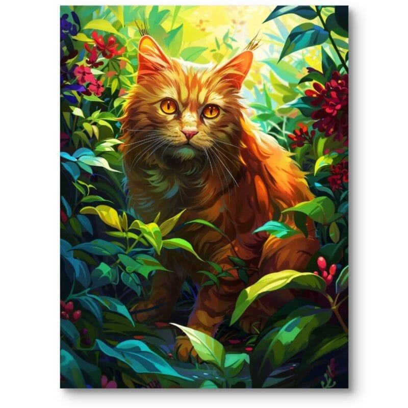 Plakat do salonu kot wśród zieleni boho eklektyczny pomarańczowo-zielony