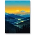 Plakat do salonu krajobraz górski o zachodzie słońca realistyczny niebiesko-żółty