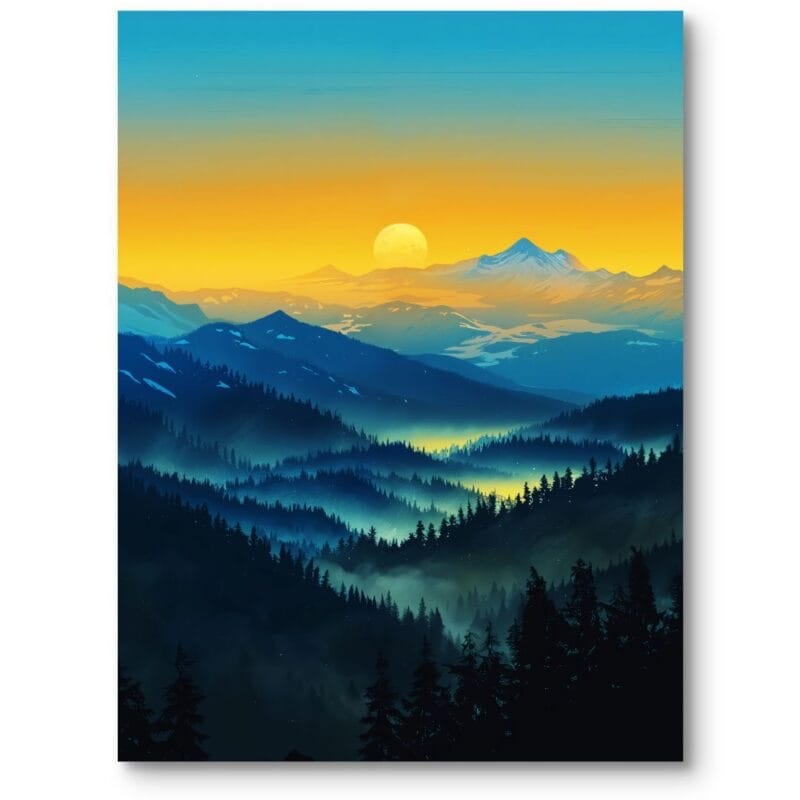 Plakat do salonu krajobraz górski o zachodzie słońca realistyczny niebiesko-żółty