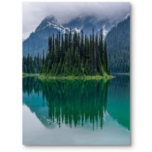 Plakat do salonu krajobraz górski z jeziorem skandynawski styl zielono-niebieski