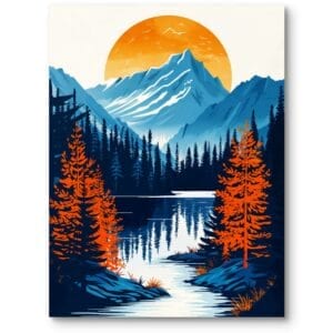 Plakat do salonu krajobraz górski z rzeką nowoczesny niebiesko-pomarańczowy