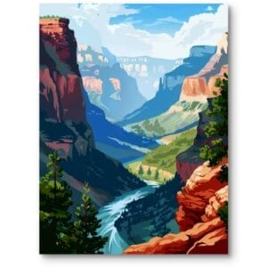 Plakat do salonu krajobraz górski z rzeką nowoczesny niebiesko-zielony