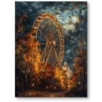 Plakat do salonu krajobraz jesień diabelskie koło w tle katedra w stylu realizm-pomarańczowo-ciemny niebieski