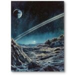 Plakat do salonu krajobraz kosmosu z pierścieniami i księżycami fantastyka ciemno-niebiesko-szary