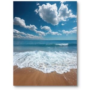 Plakat do salonu krajobraz plaży pod błękitnym niebem z białymi chmurami niebiesko-biały nowoczesny