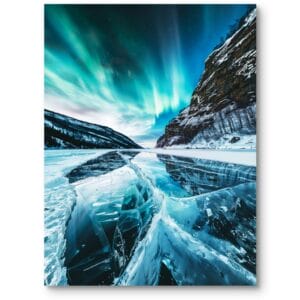 Plakat do salonu krajobraz zimowy Arktyka zorza nowoczesny niebiesko-zielony