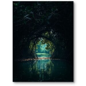 Plakat do salonu krajobrazy jeziora i rzeki tajemnicza wodna jaskinia realistyczny zielono-ciemnoniebieski