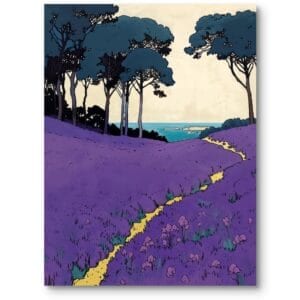 Plakat do salonu krajobrazy łąki art deco fioletowo-niebieski