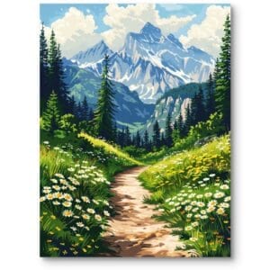 Plakat do salonu krajobrazy pejzaże i widoki góry realizm zielono-niebieski