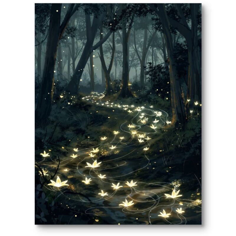 Plakat do salonu krajobrazy, pejzaże i widoki lasy i drzewa magiczne lasy fantasy ciemno-zielono-żółty