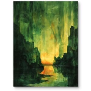 Plakat do salonu krajobrazy pejzaże i widoki zachód słońca impresjonistyczny zielono-żółty