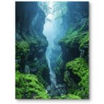 Plakat do salonu las górski we mgle chłodny krajobraz zielono-szary