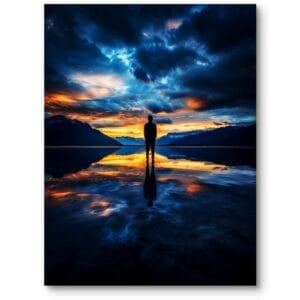 Plakat do salonu minimalistycznego fotografia zachód słońca nad wodą z człowiekiem niebiesko-pomarańczowy