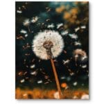 Plakat do salonu minimalistyczny dmuchawiec w rozkwicie zielono-pomarańczowy