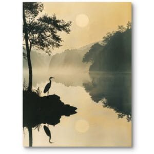 Plakat do salonu minimalistyczny krajobraz jeziora o poranku z czaplą czarno-biały